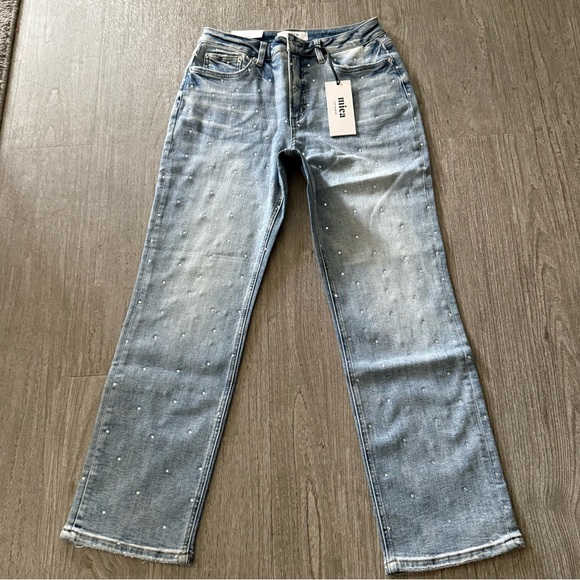 Mica Straight Leg Bejeweled Jeans NWT - Picture 1 of 11